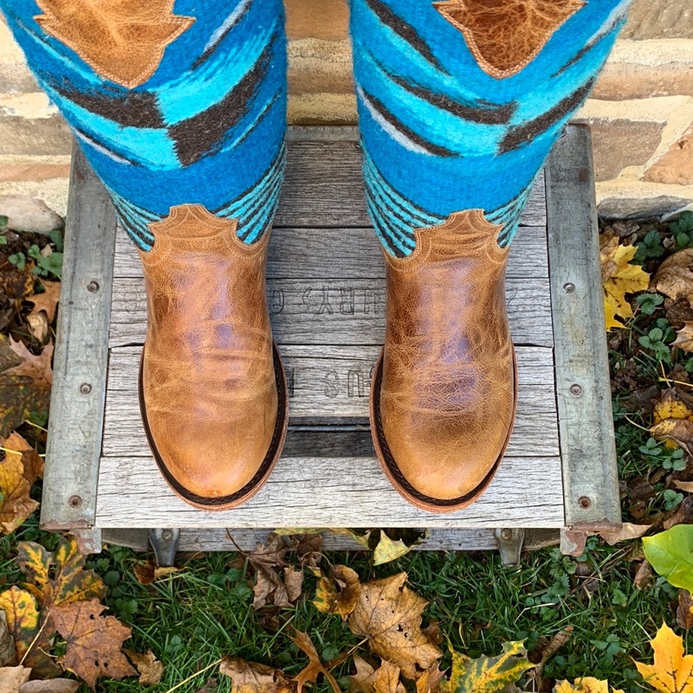 Sold STETSON Serape Blanket Aztec Blue Brown Knee High Western Cowgirl Boots - Picture 10 of 11